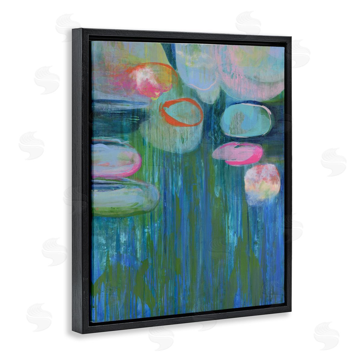 Pond Lily Pads Abstract Painting Black Floating Frame Canvas Wall Art, Home Decor by Linda Stelling