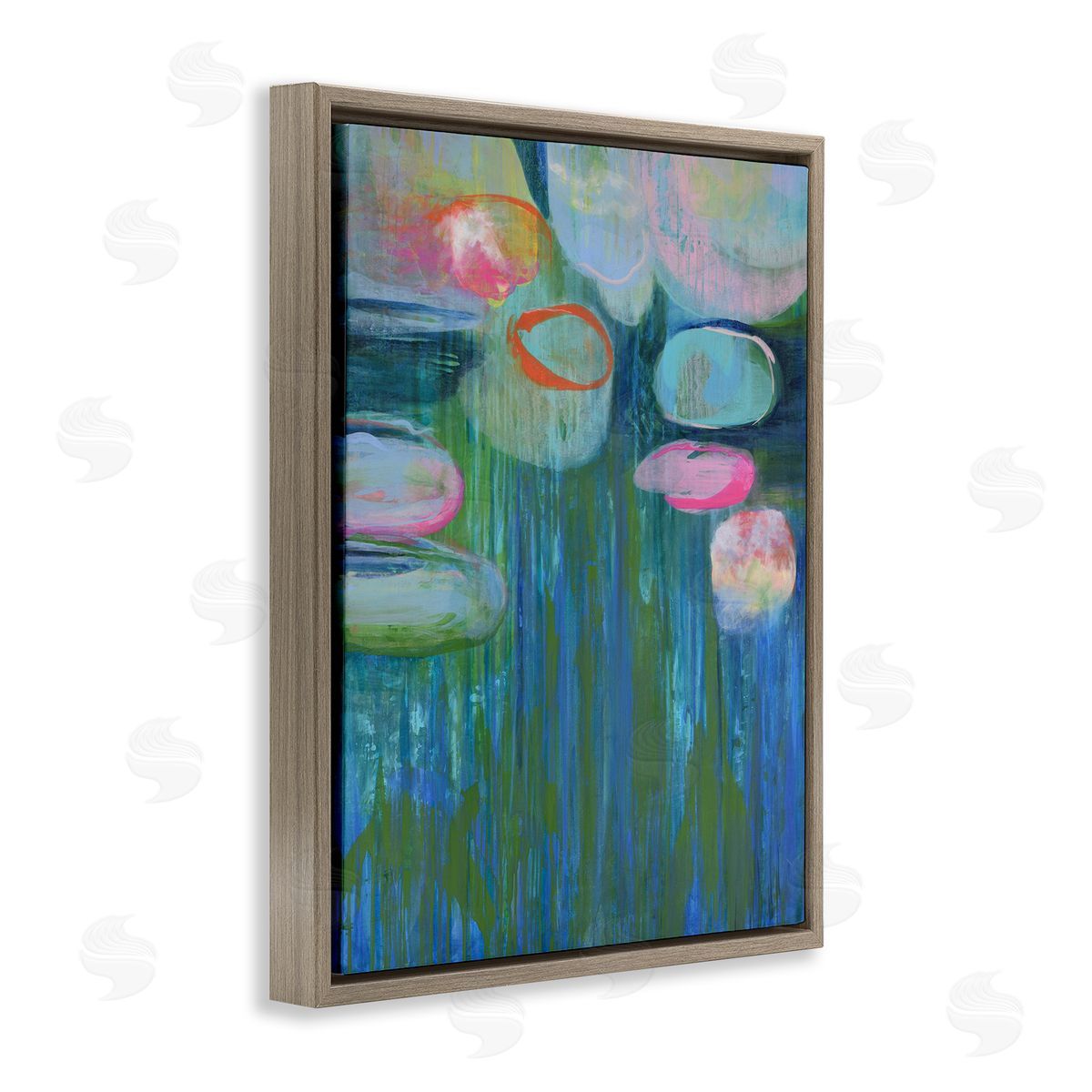 Pond Lily Pads Abstract Painting Brown Floating Frame Canvas Wall Art, Home Decor by Linda Stelling