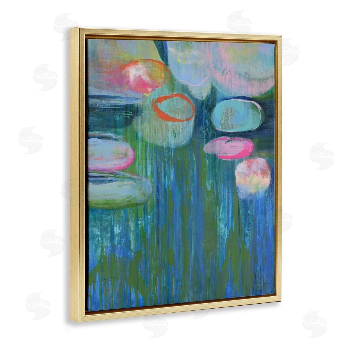 Pond Lily Pads Abstract Painting Gold Floating Frame Canvas Wall Art, Home Decor by Linda Stelling