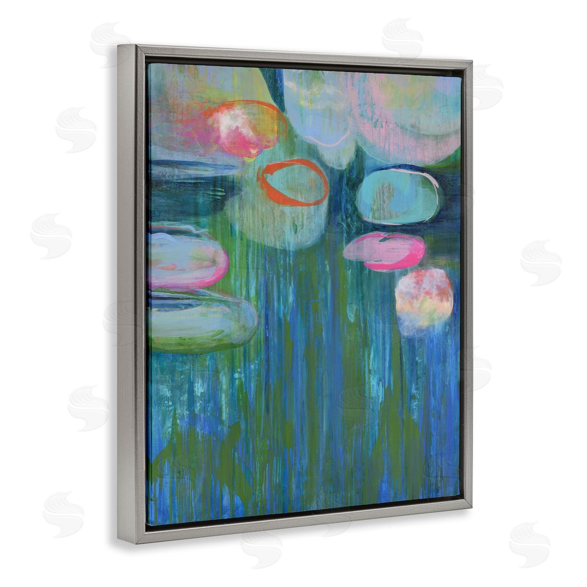 Pond Lily Pads Abstract Painting Grey Floating Frame Canvas Wall Art, Home Decor by Linda Stelling
