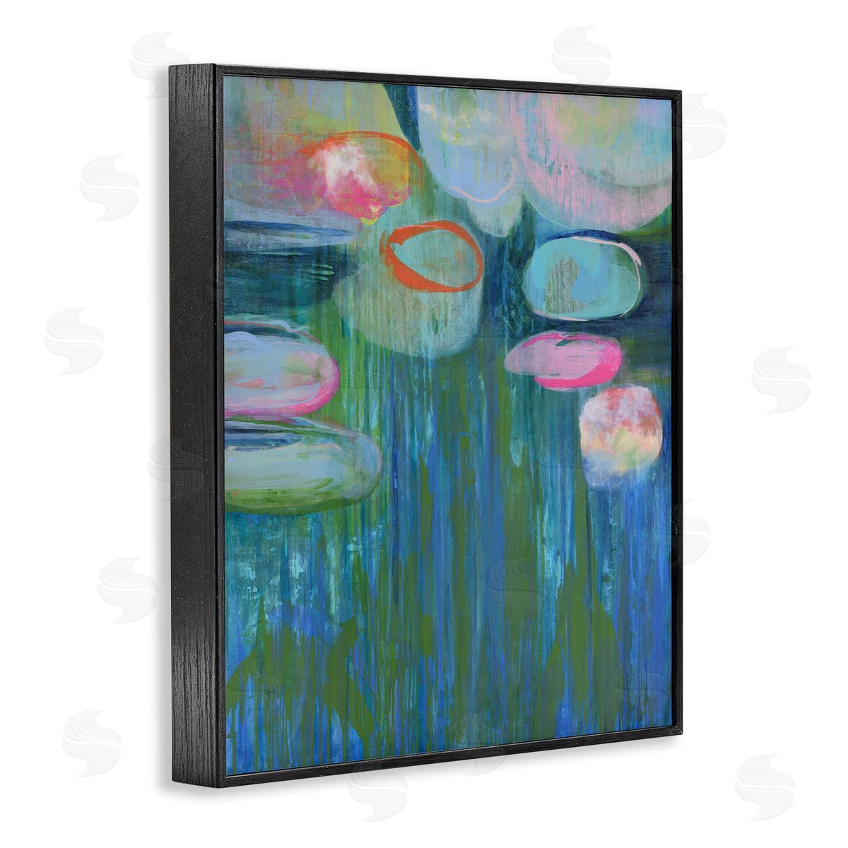 Pond Lily Pads Abstract Painting Black Frame Print Wall Art, Home Decor by Linda Stelling