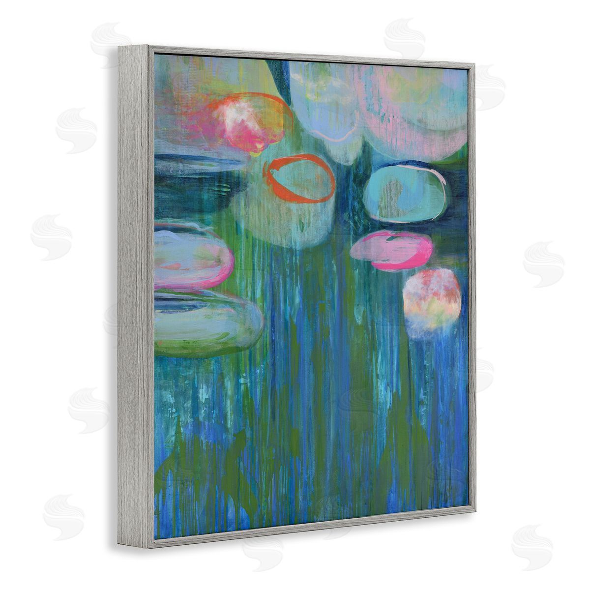 Pond Lily Pads Abstract Painting Grey Frame Print Wall Art, Home Decor by Linda Stelling
