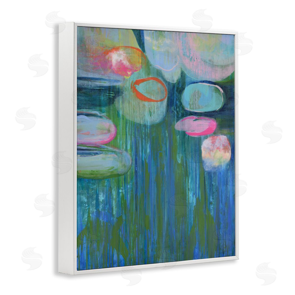 Pond Lily Pads Abstract Painting White Frame Print Wall Art, Home Decor by Linda Stelling