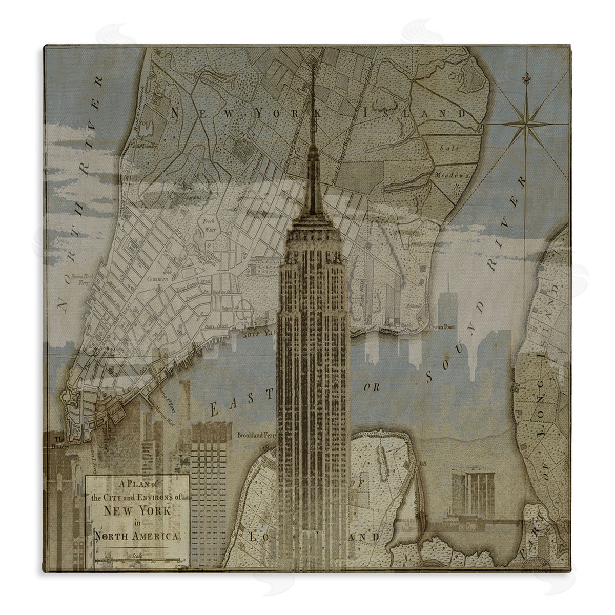 NYC Vintage Map & Building Canvas Wall Art, Home Decor by Dylan Mattews