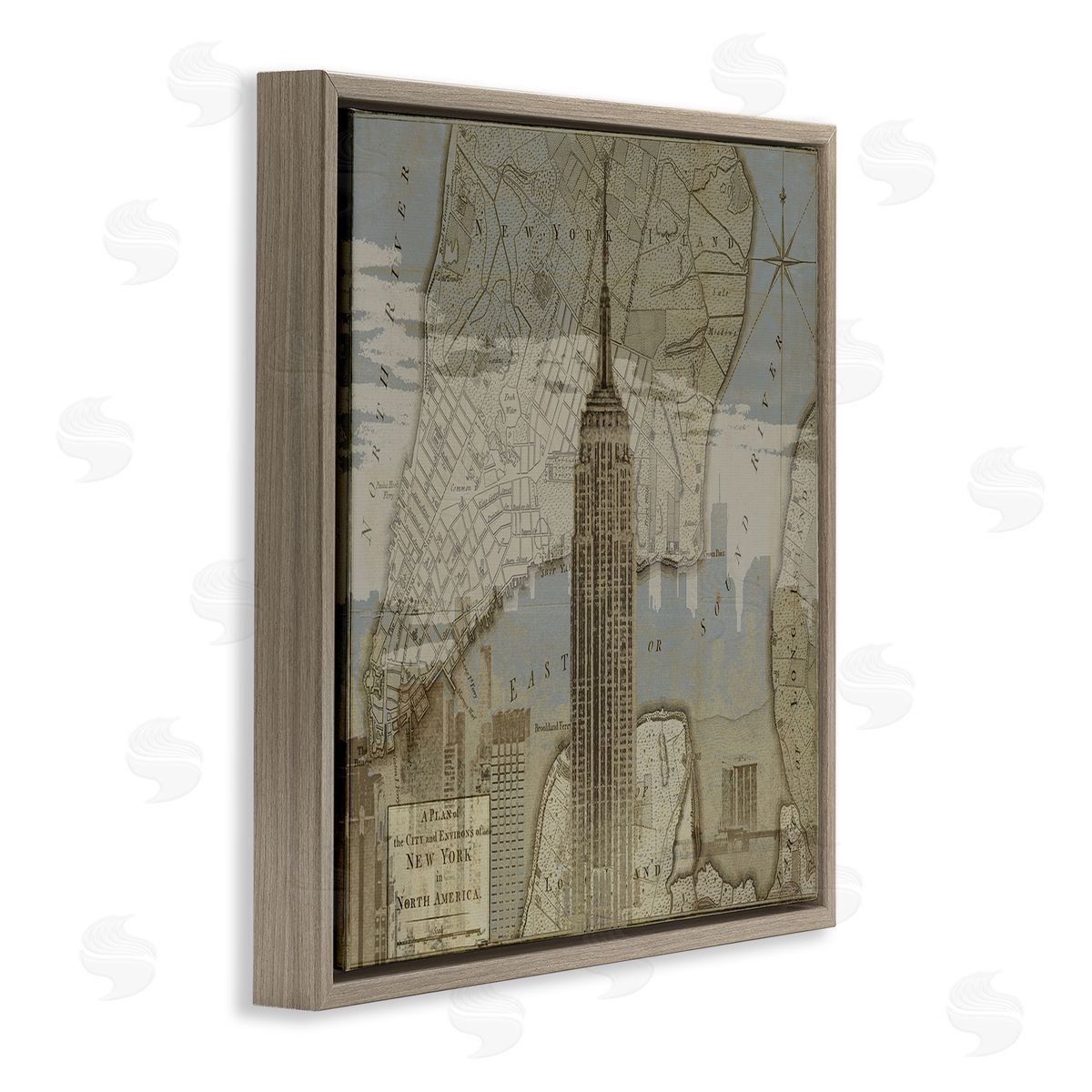 NYC Vintage Map & Building Brown Floating Frame Canvas Wall Art, Home Decor by Dylan Mattews