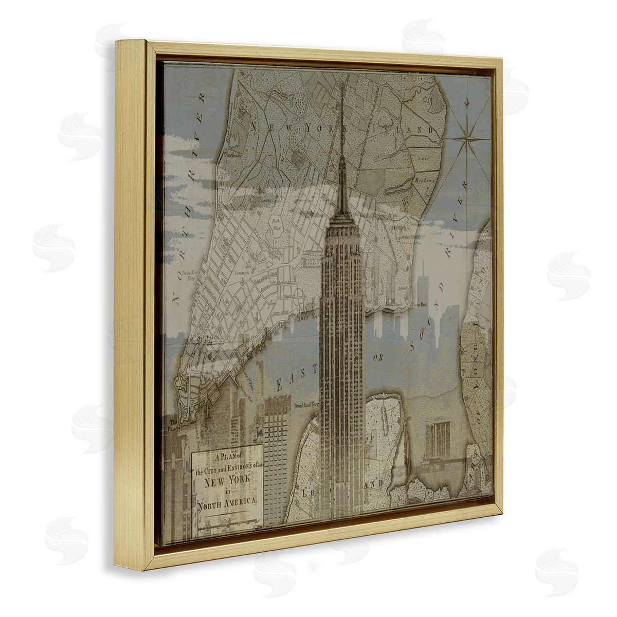 NYC Vintage Map & Building Gold Floating Frame Canvas Wall Art, Home Decor by Dylan Mattews