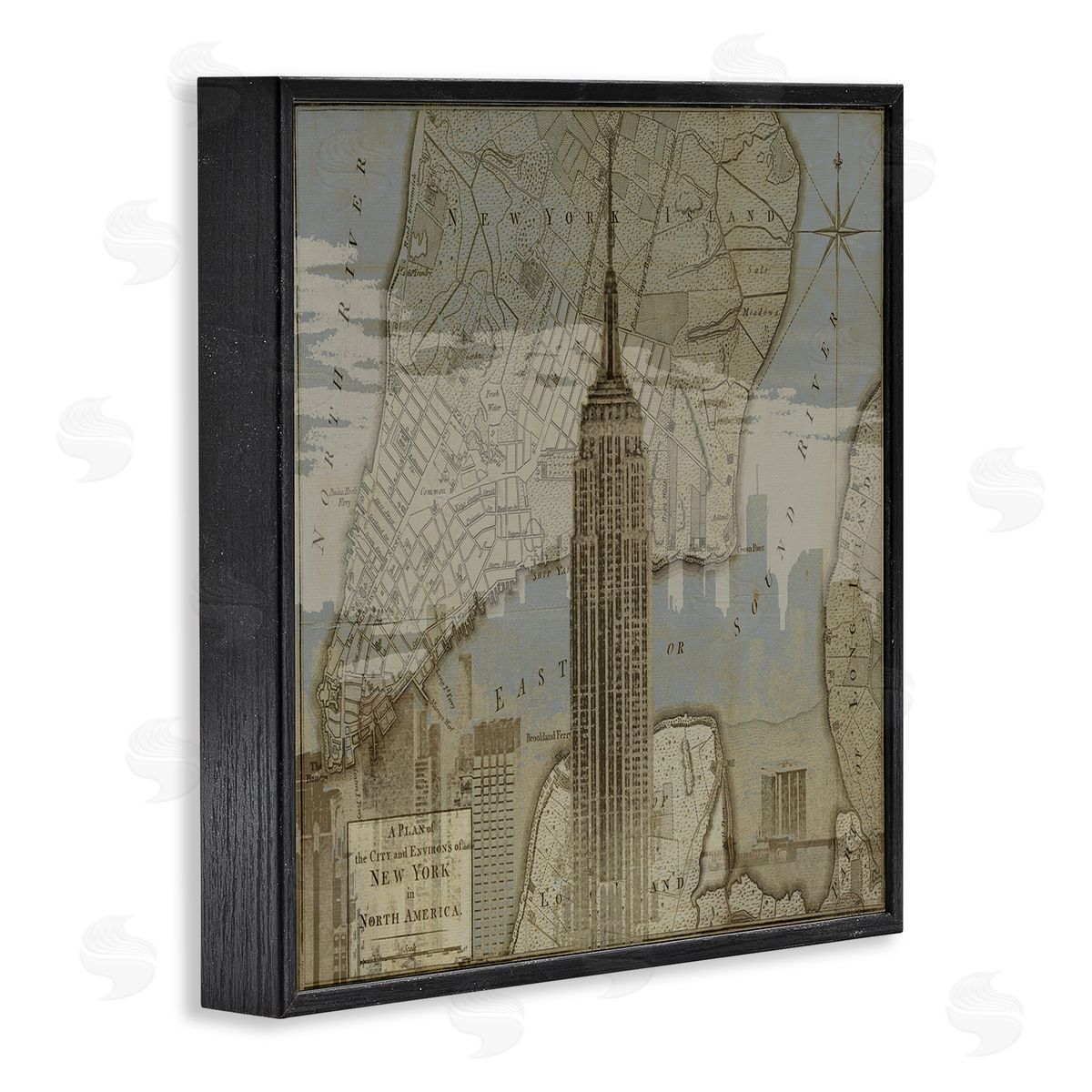 NYC Vintage Map & Building Black Frame Print Wall Art, Home Decor by Dylan Mattews