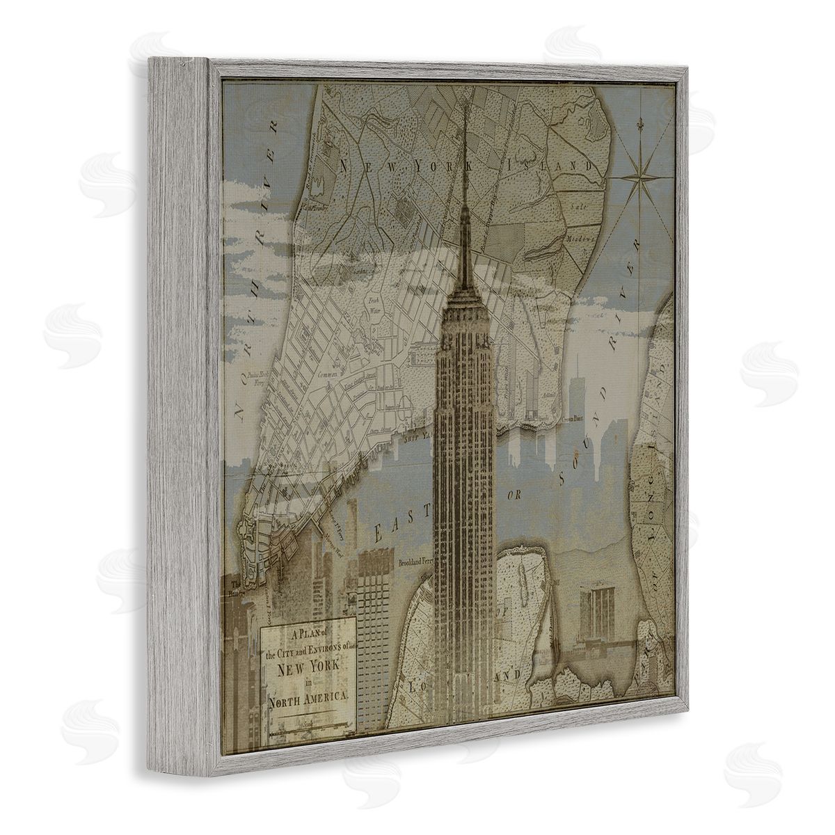 NYC Vintage Map & Building Grey Frame Print Wall Art, Home Decor by Dylan Mattews
