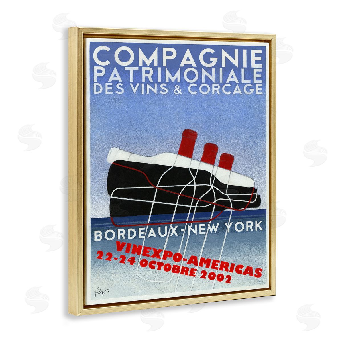 Vintage Wine Bottle Poster Gold Floating Frame Canvas Wall Art, Home Decor by Jean-Pierre Got
