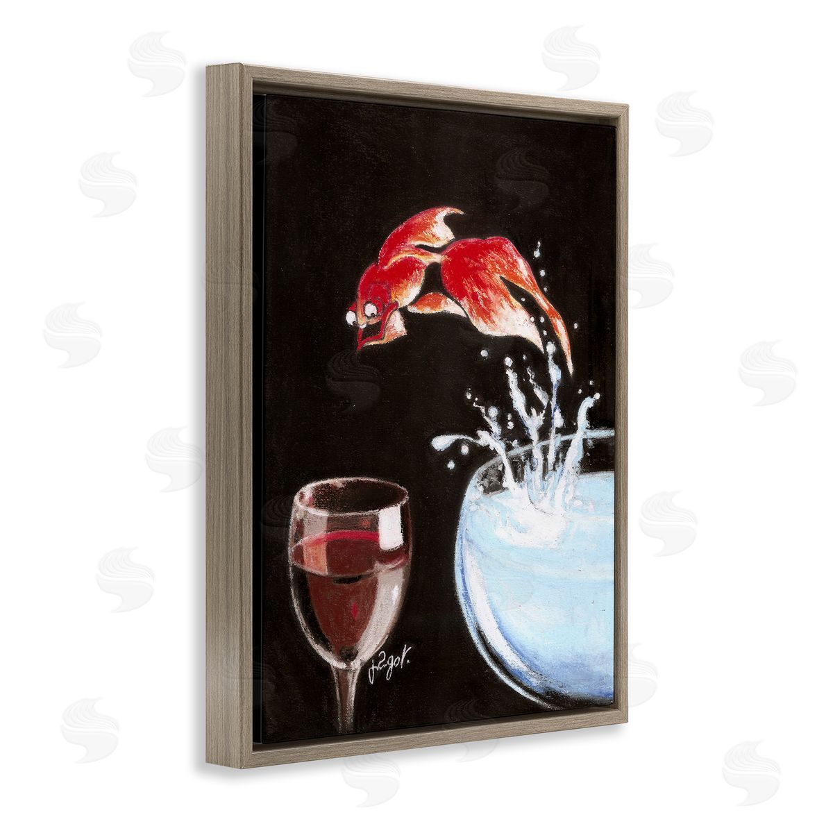 Fish Leaping Into Wine Glass Brown Floating Frame Canvas Wall Art, Home Decor by Jean-Pierre Got