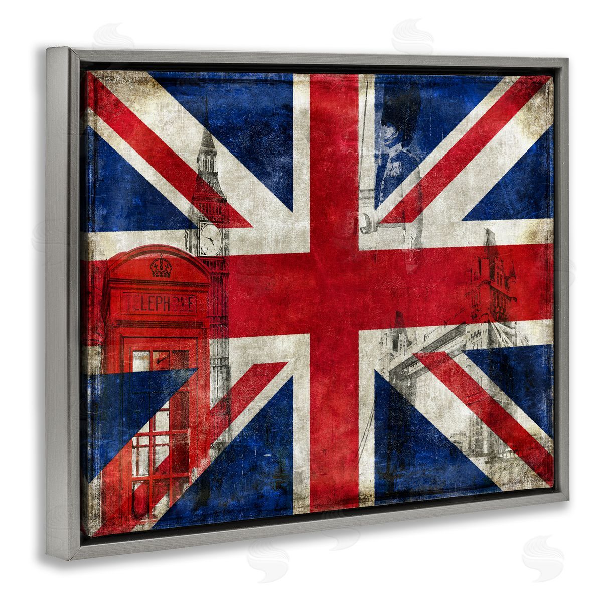 English Flag And Landmarks Grey Floating Frame Canvas Wall Art, Home Decor by Luke Wilson