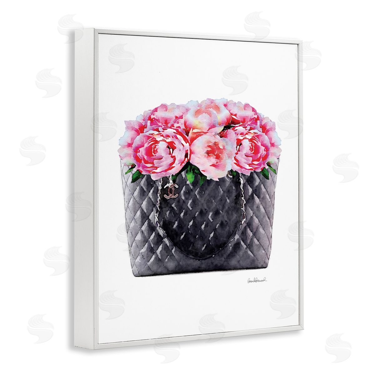 Pink Flower Purse Glam White Frame Print Wall Art, Home Decor by Amanda Greenwood