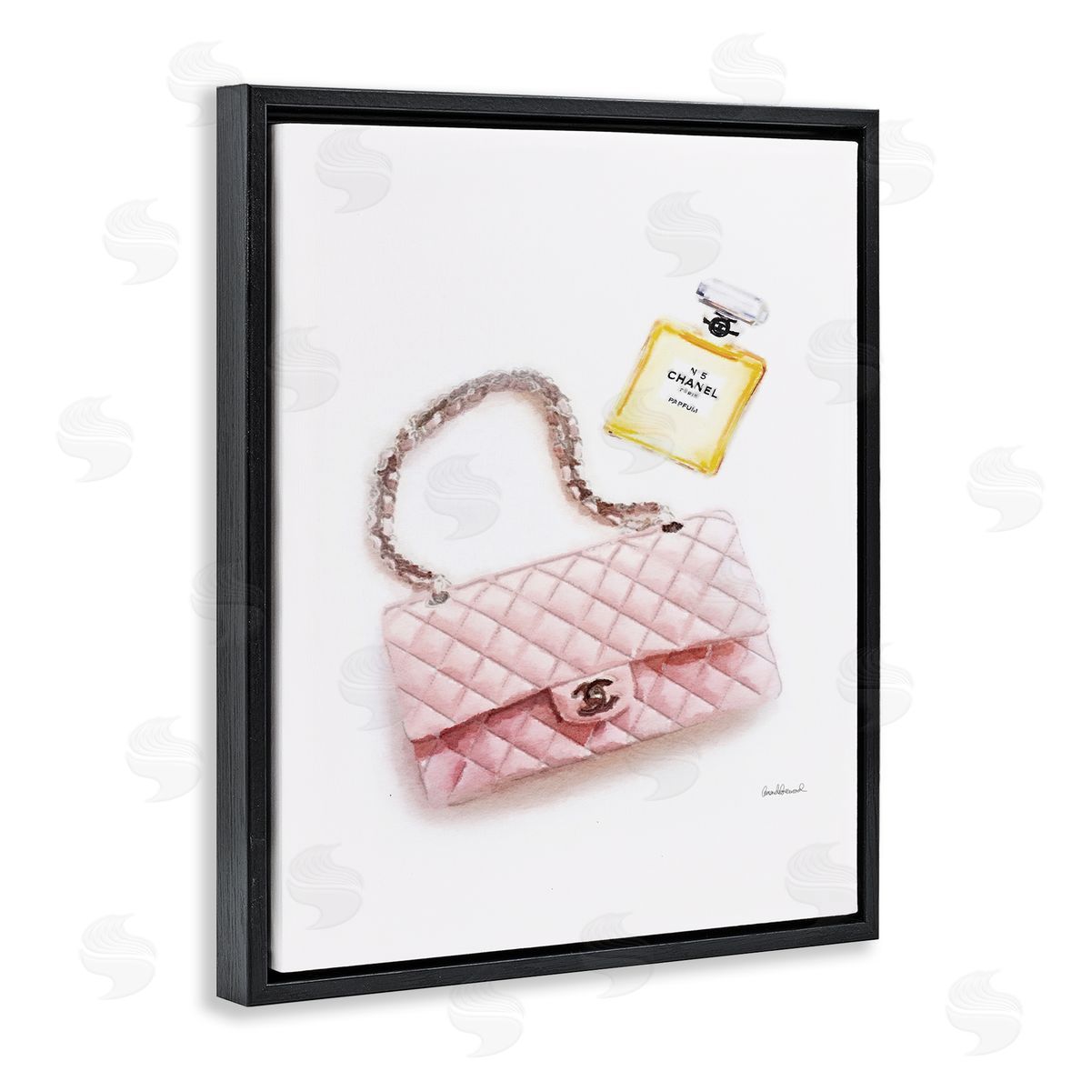 Pink Purse Gold Perfume Black Floating Frame Canvas Wall Art, Home Decor by Amanda Greenwood