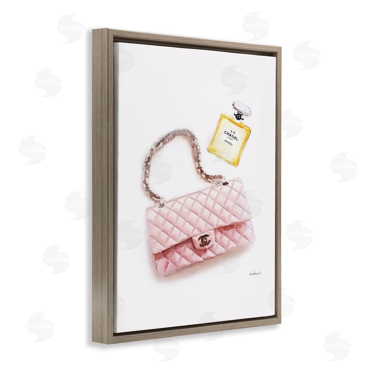 Pink Purse Gold Perfume Brown Floating Frame Canvas Wall Art, Home Decor by Amanda Greenwood