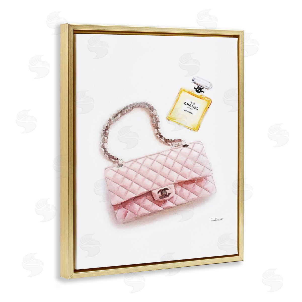 Pink Purse Gold Perfume Gold Floating Frame Canvas Wall Art, Home Decor by Amanda Greenwood