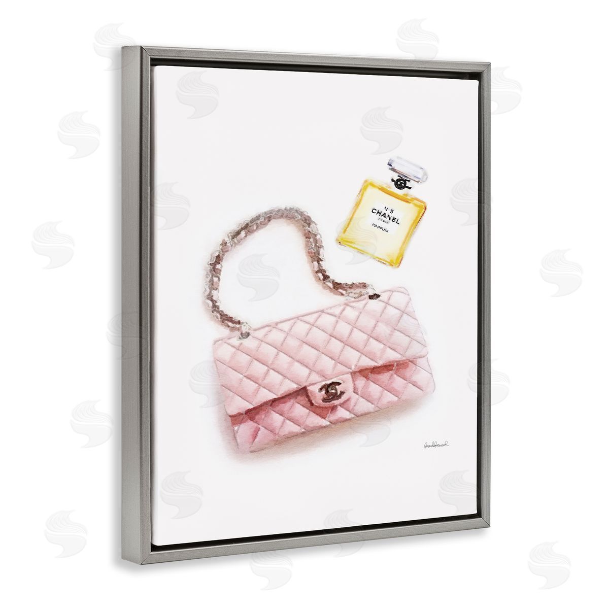 Pink Purse Gold Perfume Grey Floating Frame Canvas Wall Art, Home Decor by Amanda Greenwood