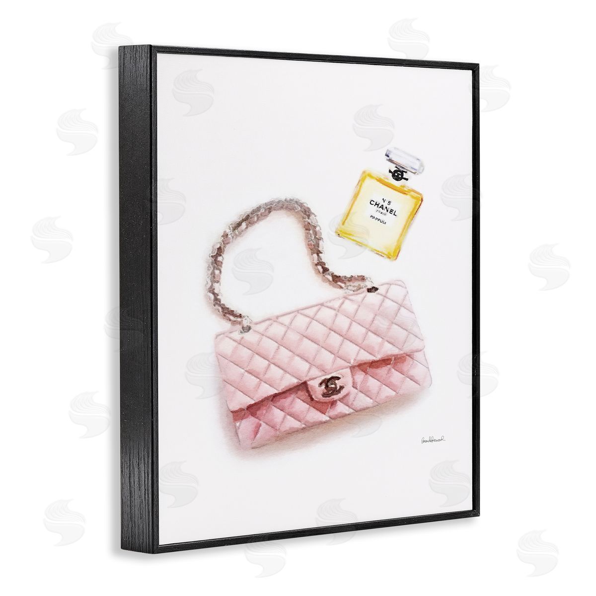 Pink Purse Gold Perfume Black Frame Print Wall Art, Home Decor by Amanda Greenwood