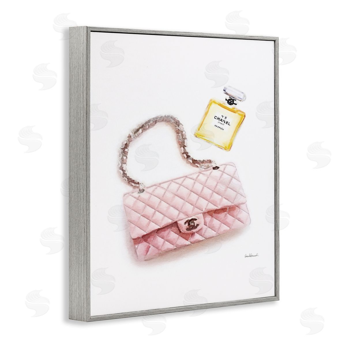 Pink Purse Gold Perfume Grey Frame Print Wall Art, Home Decor by Amanda Greenwood