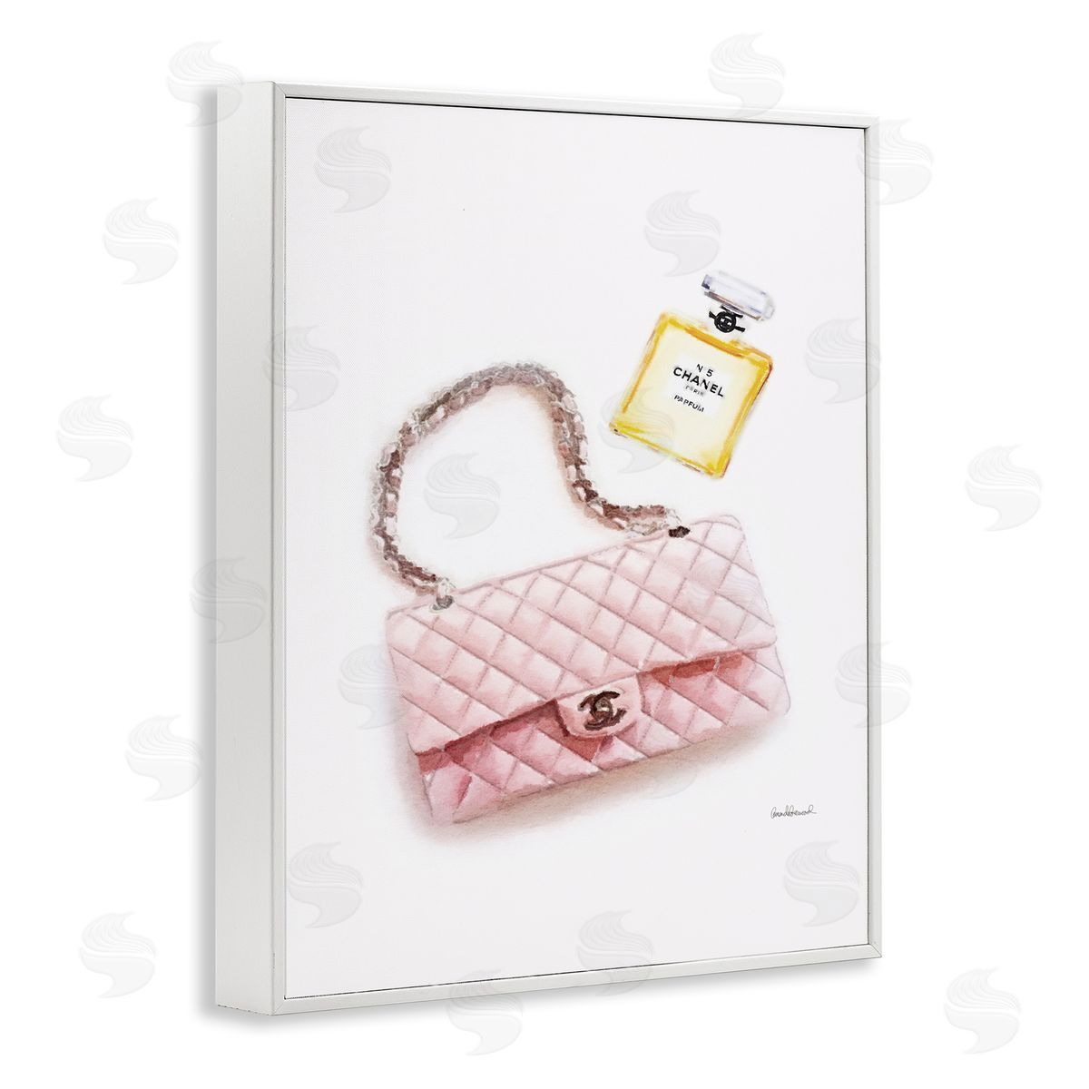 Pink Purse Gold Perfume White Frame Print Wall Art, Home Decor by Amanda Greenwood