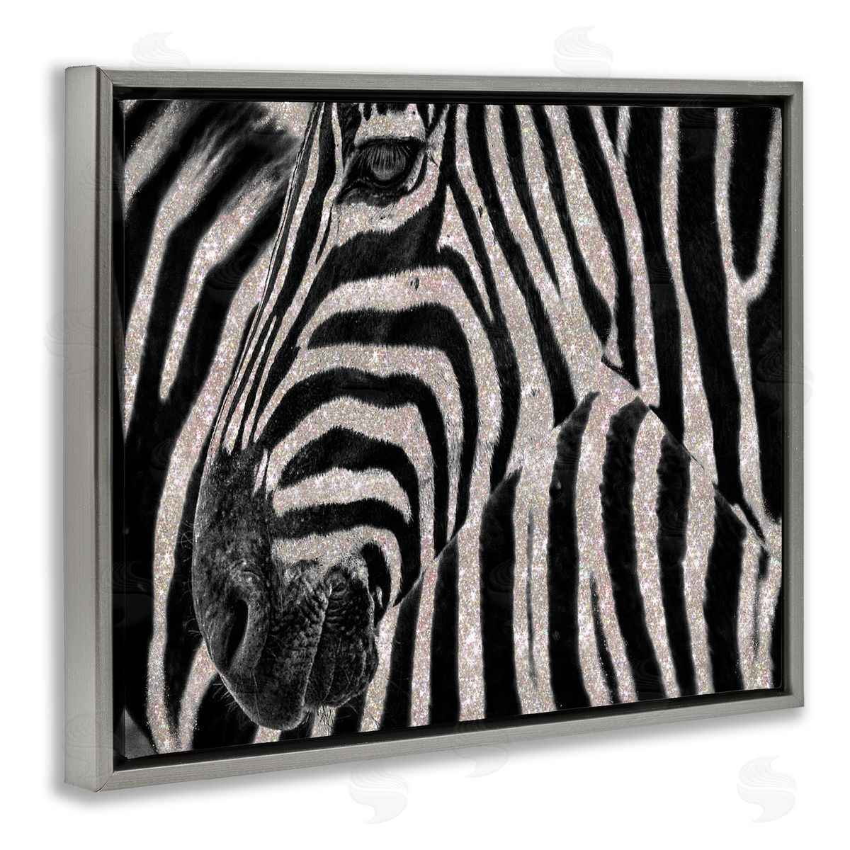 Glitter Zebra Glam Fashion Grey Floating Frame Canvas Wall Art, Home Decor by Ziwei Li