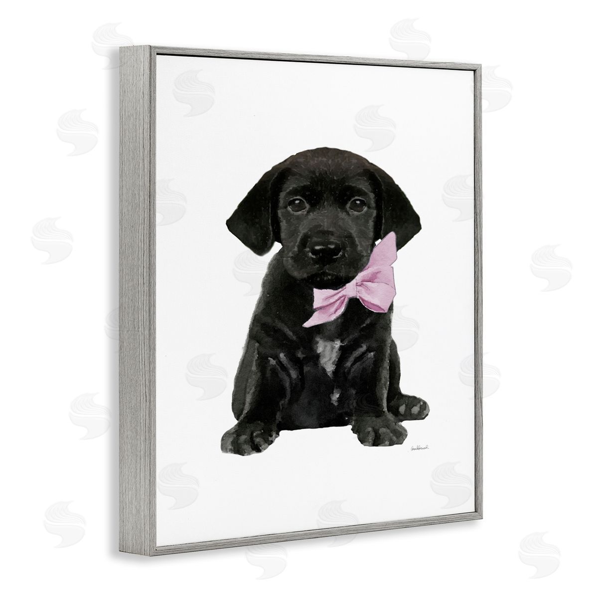 Black Puppy Pink Bow Grey Frame Print Wall Art, Home Decor by Amanda Greenwood