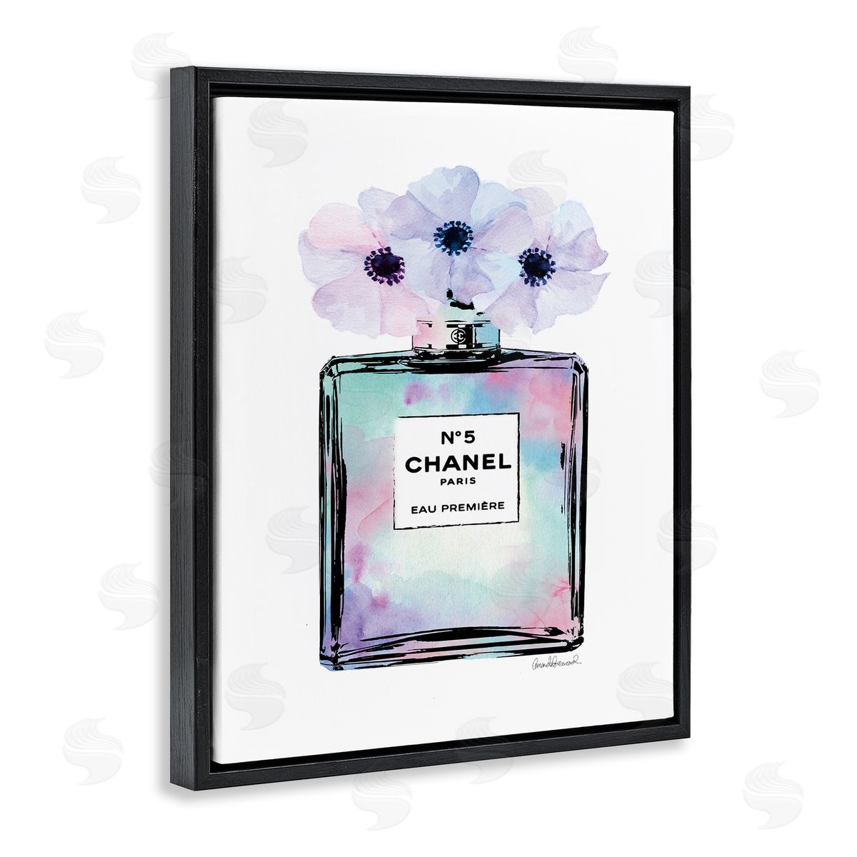 Purple Flower Glam Perfume Black Floating Frame Canvas Wall Art, Home Decor by Amanda Greenwood