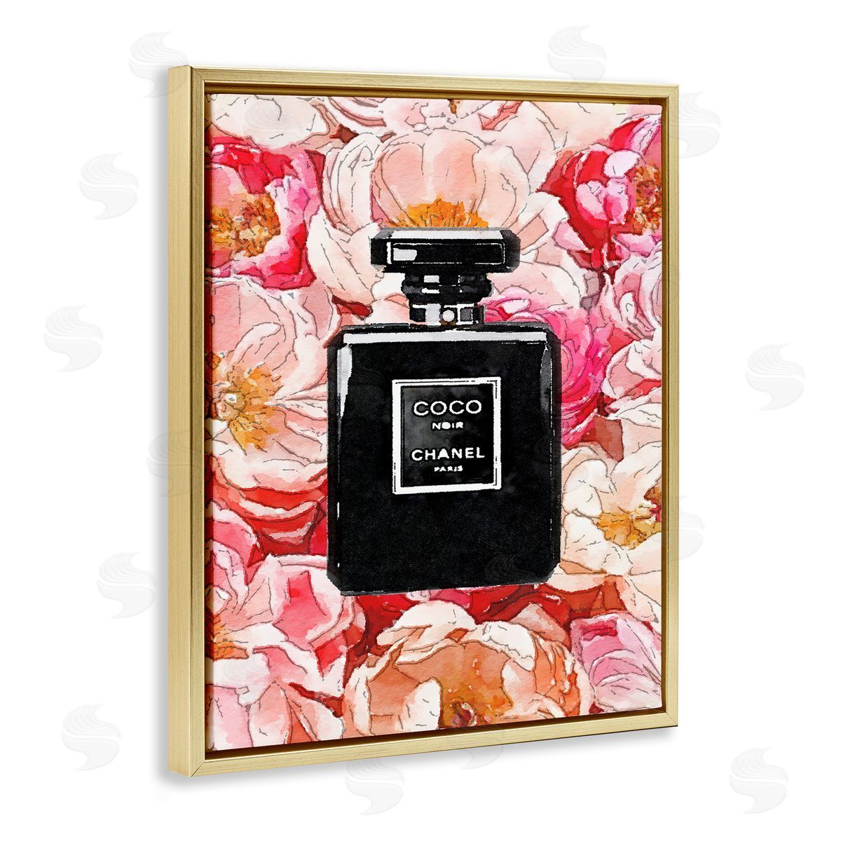 Black Perfume Pink Flowers Gold Floating Frame Canvas Wall Art, Home Decor by Amanda Greenwood