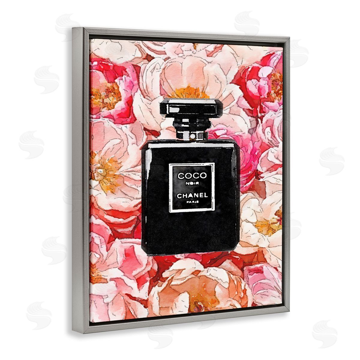 Black Perfume Pink Flowers Grey Floating Frame Canvas Wall Art, Home Decor by Amanda Greenwood