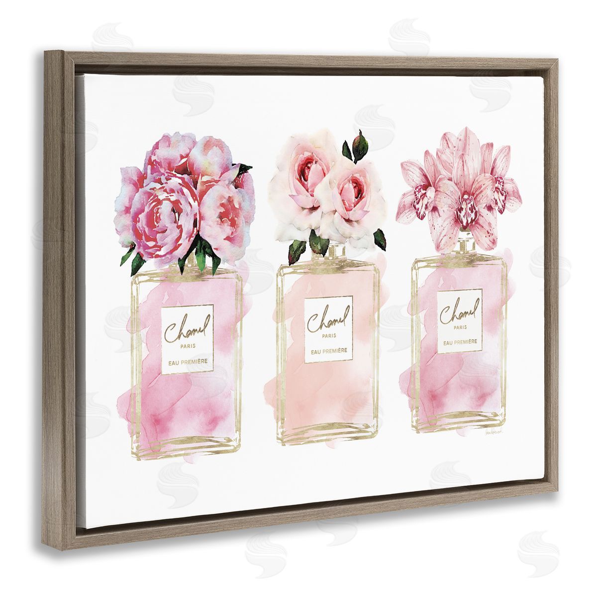 Pink Flowers & Perfumes Glam Fashion Brown Floating Frame Canvas Wall Art, Home Decor by Amanda Greenwood