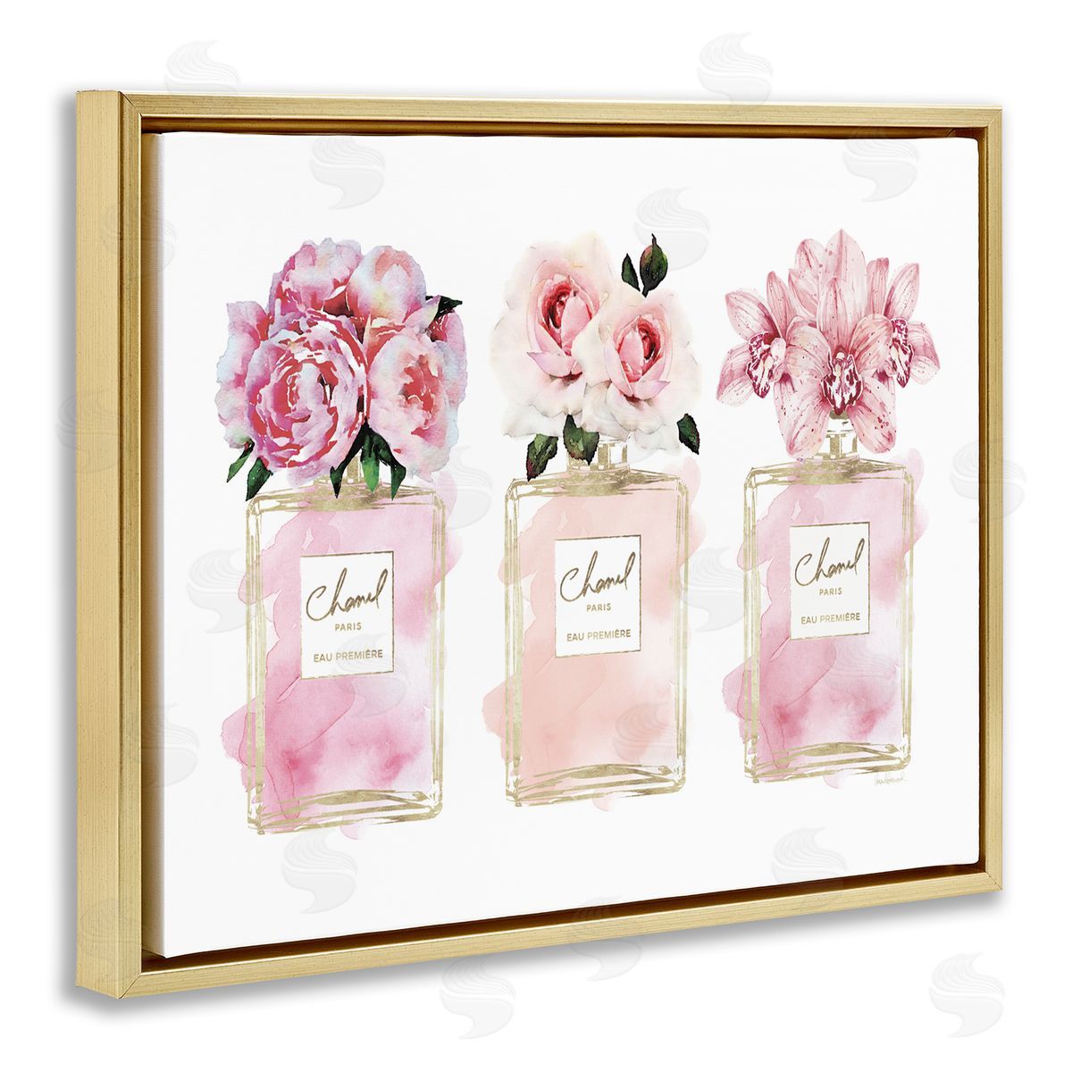 Pink Flowers & Perfumes Glam Fashion Gold Floating Frame Canvas Wall Art, Home Decor by Amanda Greenwood