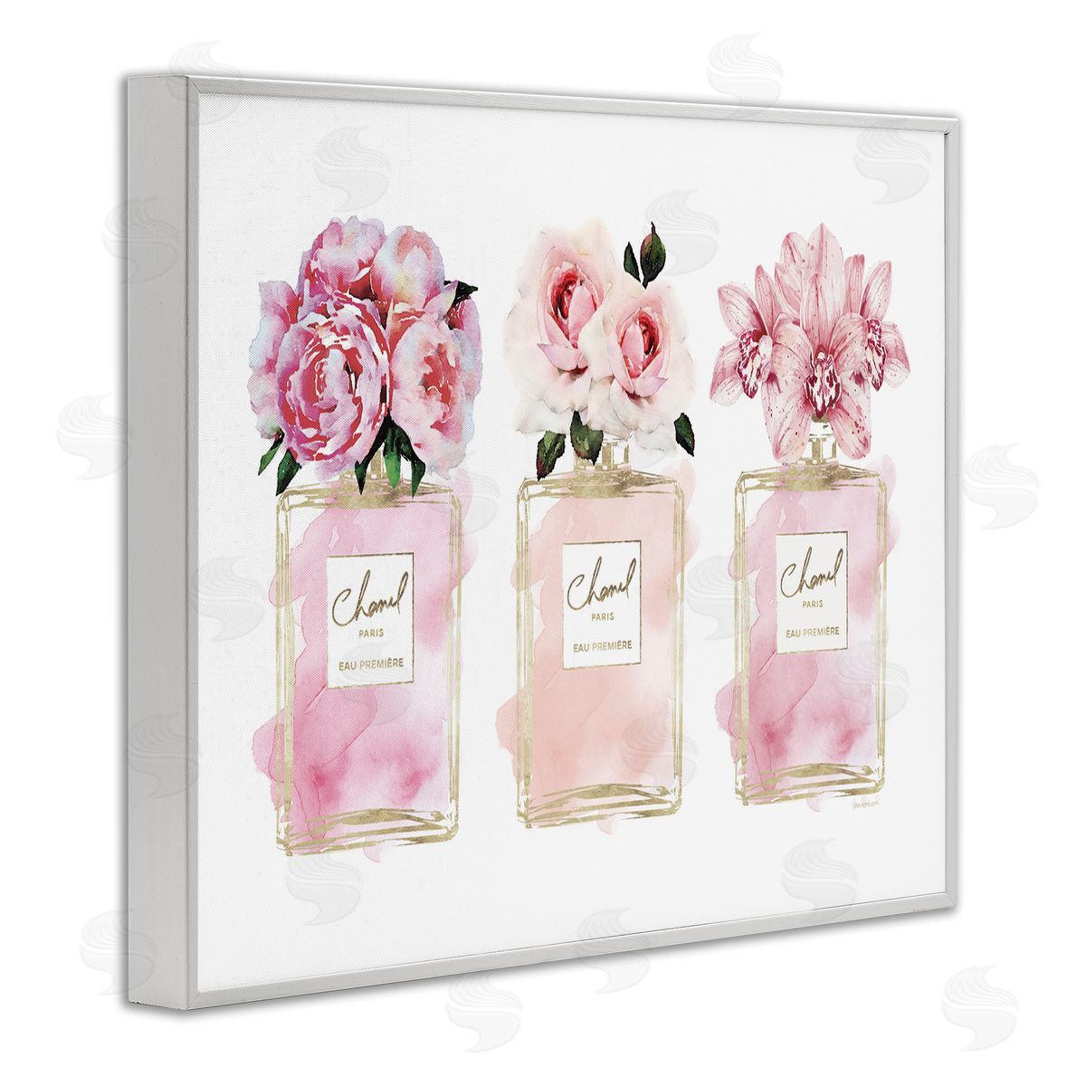 Pink Flowers & Perfumes Glam Fashion White Frame Print Wall Art, Home Decor by Amanda Greenwood
