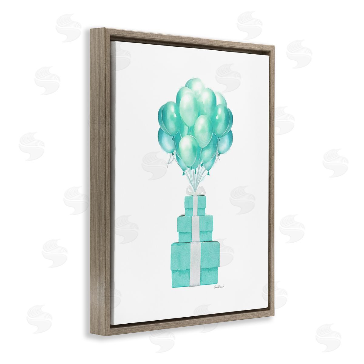 Blue Balloons & Presents Brown Floating Frame Canvas Wall Art, Home Decor by Amanda Greenwood