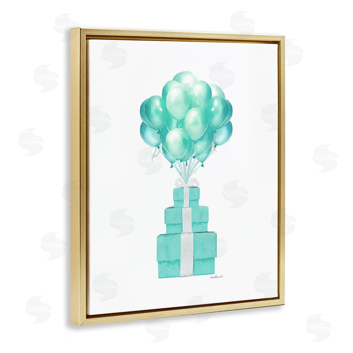 Blue Balloons & Presents Gold Floating Frame Canvas Wall Art, Home Decor by Amanda Greenwood