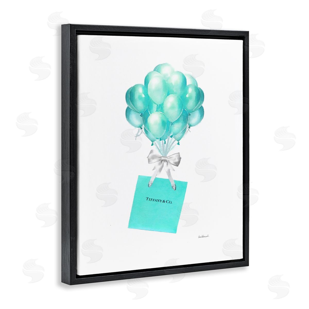 Blue Balloons & Gift Bag Glam Black Floating Frame Canvas Wall Art, Home Decor by Amanda Greenwood