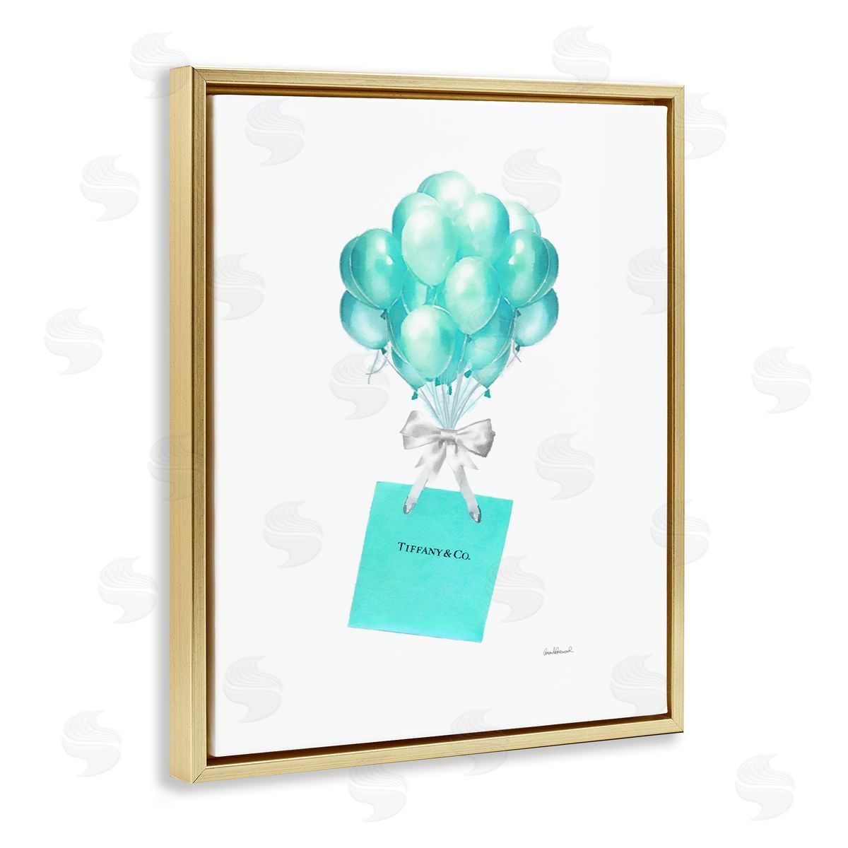 Blue Balloons & Gift Bag Glam Gold Floating Frame Canvas Wall Art, Home Decor by Amanda Greenwood