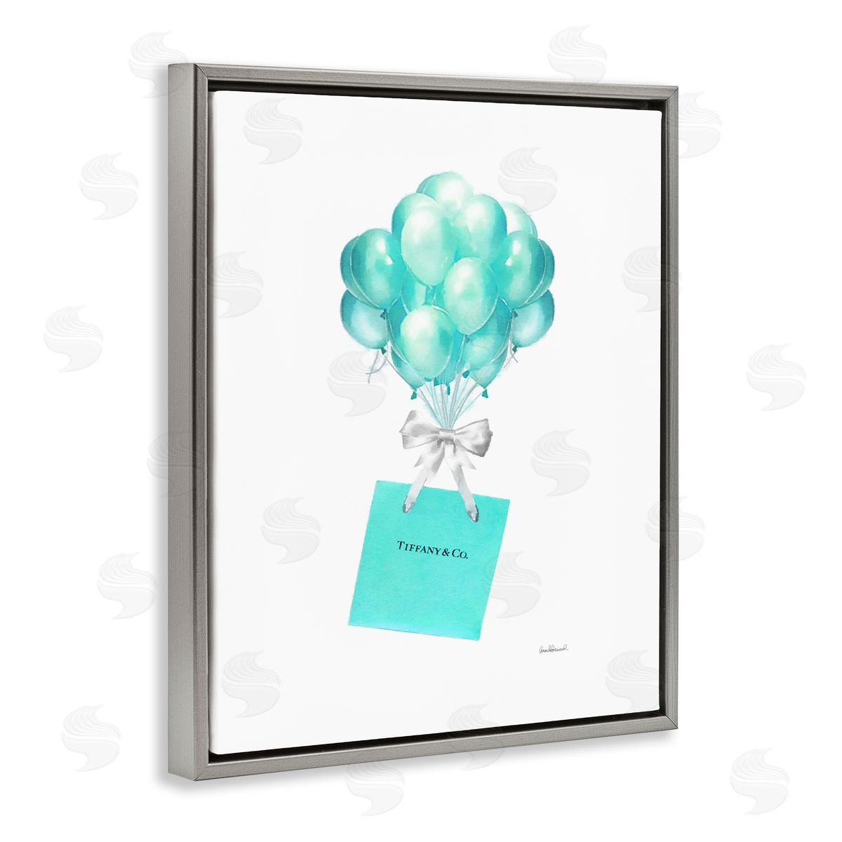 Blue Balloons & Gift Bag Glam Grey Floating Frame Canvas Wall Art, Home Decor by Amanda Greenwood