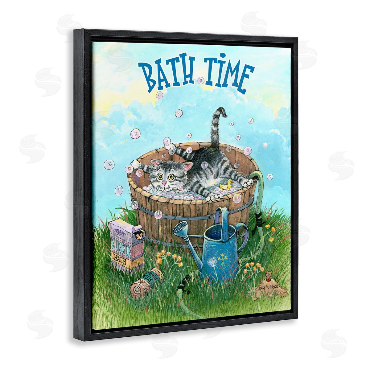 Bath Time Funny Cat Pet Black Floating Frame Canvas Wall Art, Home Decor by Gary Patterson