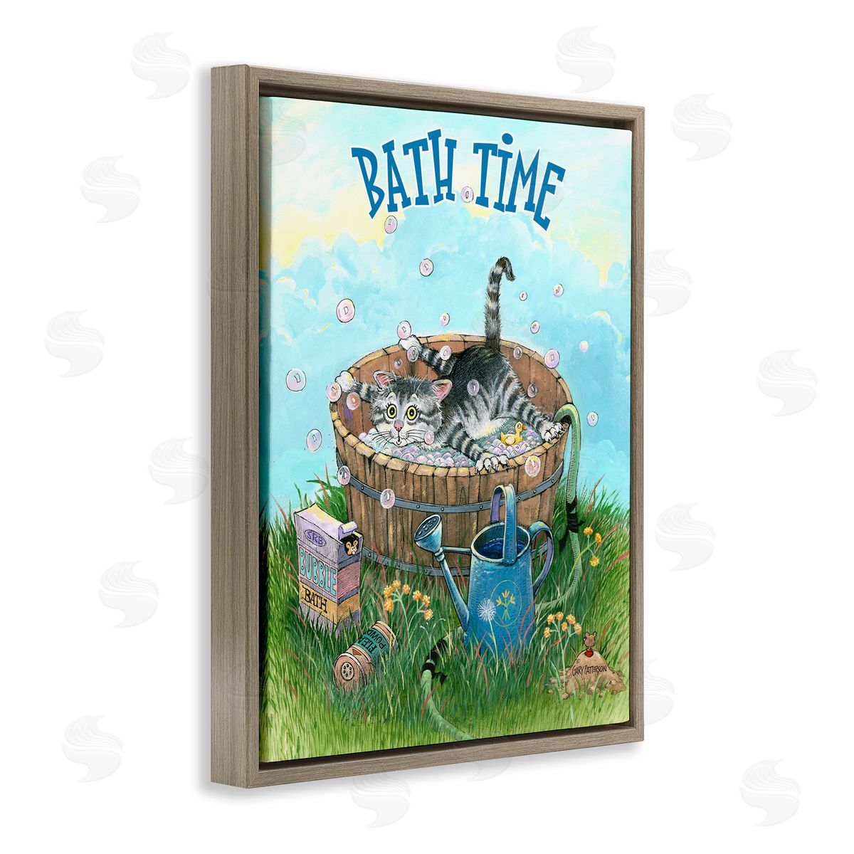 Bath Time Funny Cat Pet Brown Floating Frame Canvas Wall Art, Home Decor by Gary Patterson