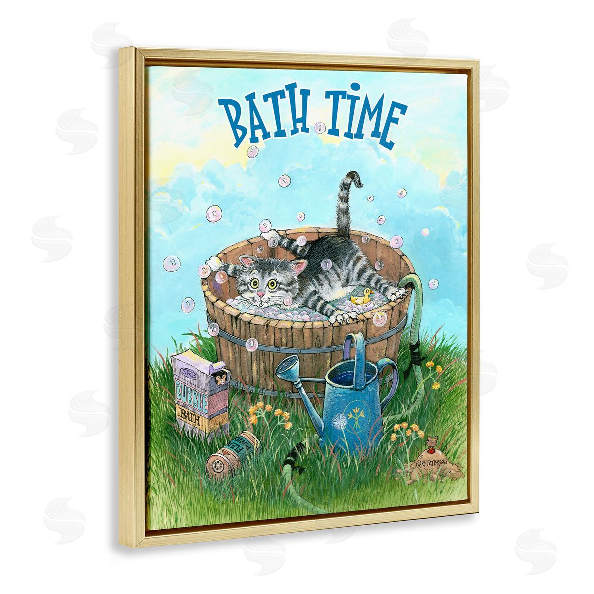 Bath Time Funny Cat Pet Gold Floating Frame Canvas Wall Art, Home Decor by Gary Patterson