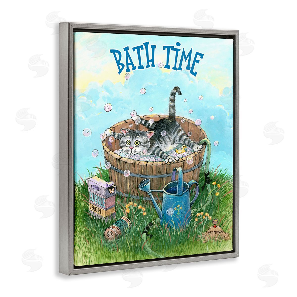 Bath Time Funny Cat Pet Grey Floating Frame Canvas Wall Art, Home Decor by Gary Patterson