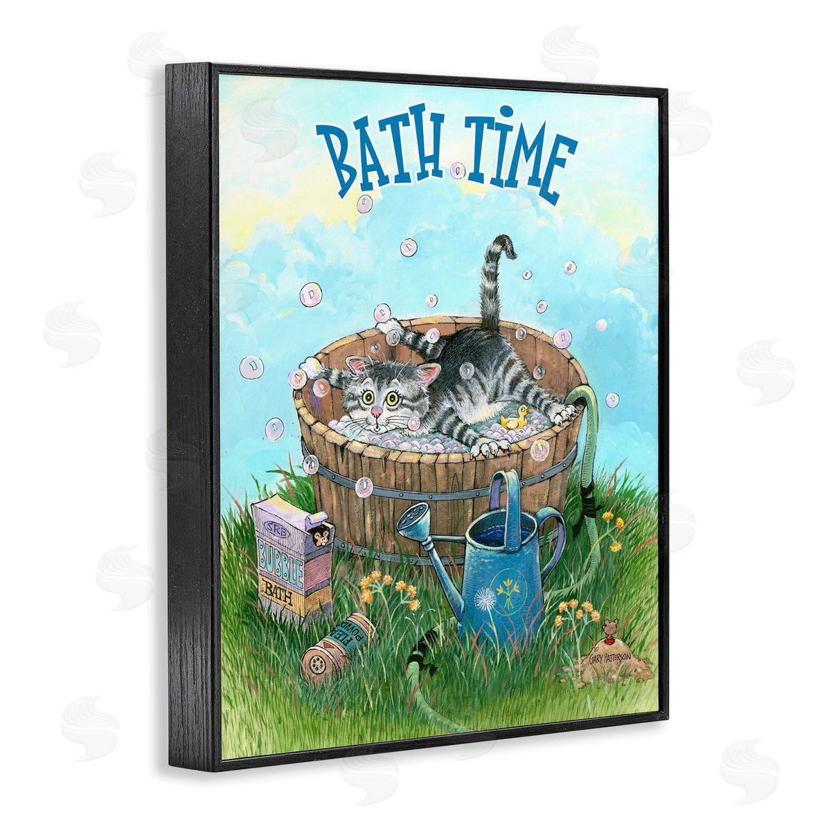 Bath Time Funny Cat Pet Black Frame Print Wall Art, Home Decor by Gary Patterson