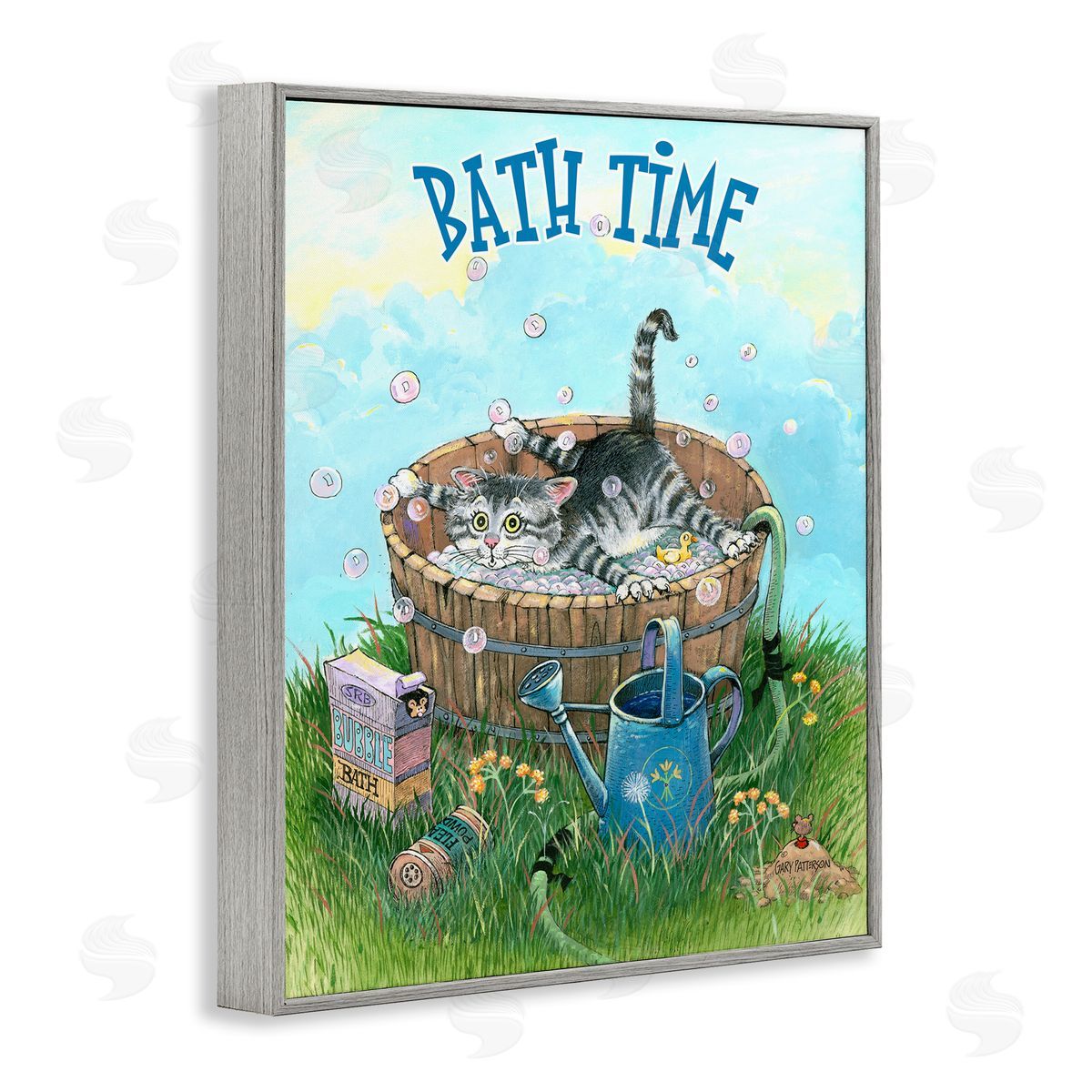 Bath Time Funny Cat Pet Grey Frame Print Wall Art, Home Decor by Gary Patterson