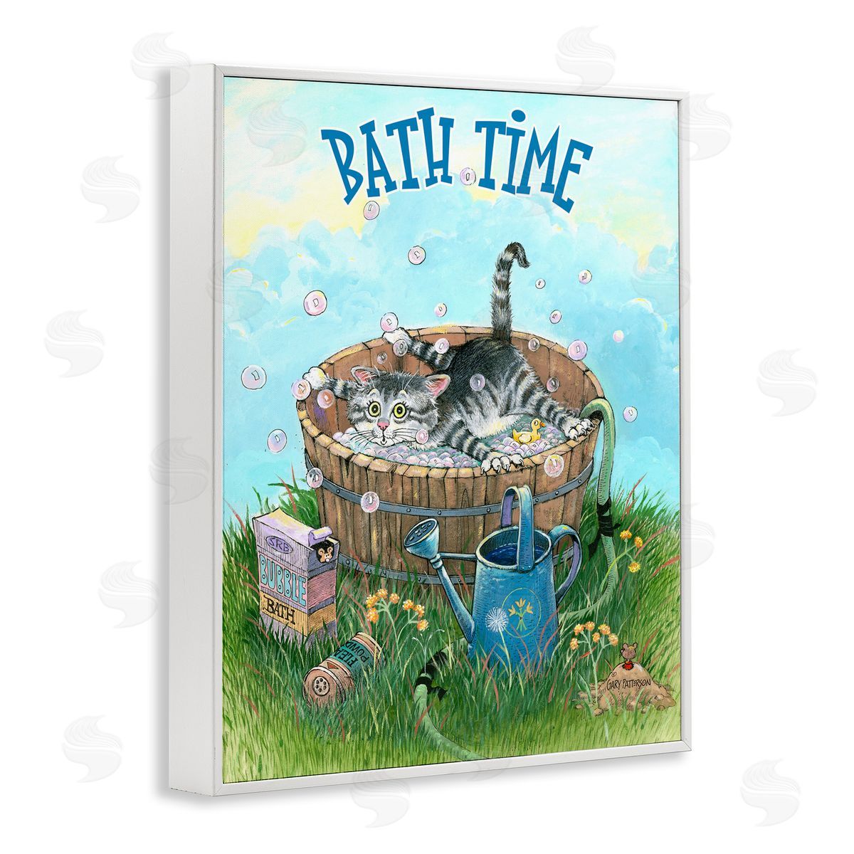Bath Time Funny Cat Pet White Frame Print Wall Art, Home Decor by Gary Patterson