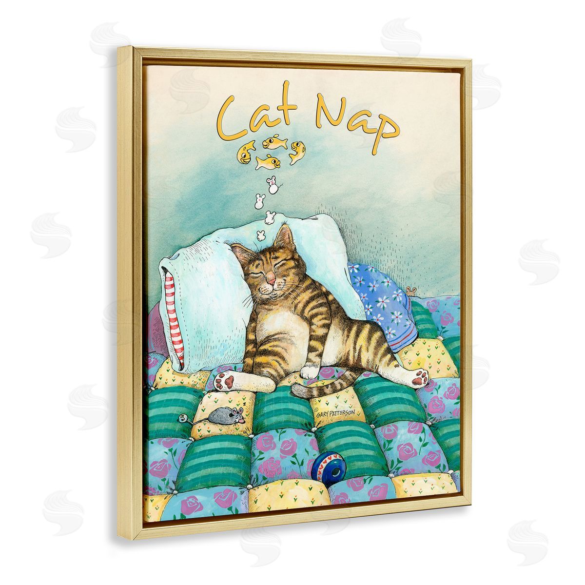 Cat Nap Funny Cat Pet Gold Floating Frame Canvas Wall Art, Home Decor by Gary Patterson