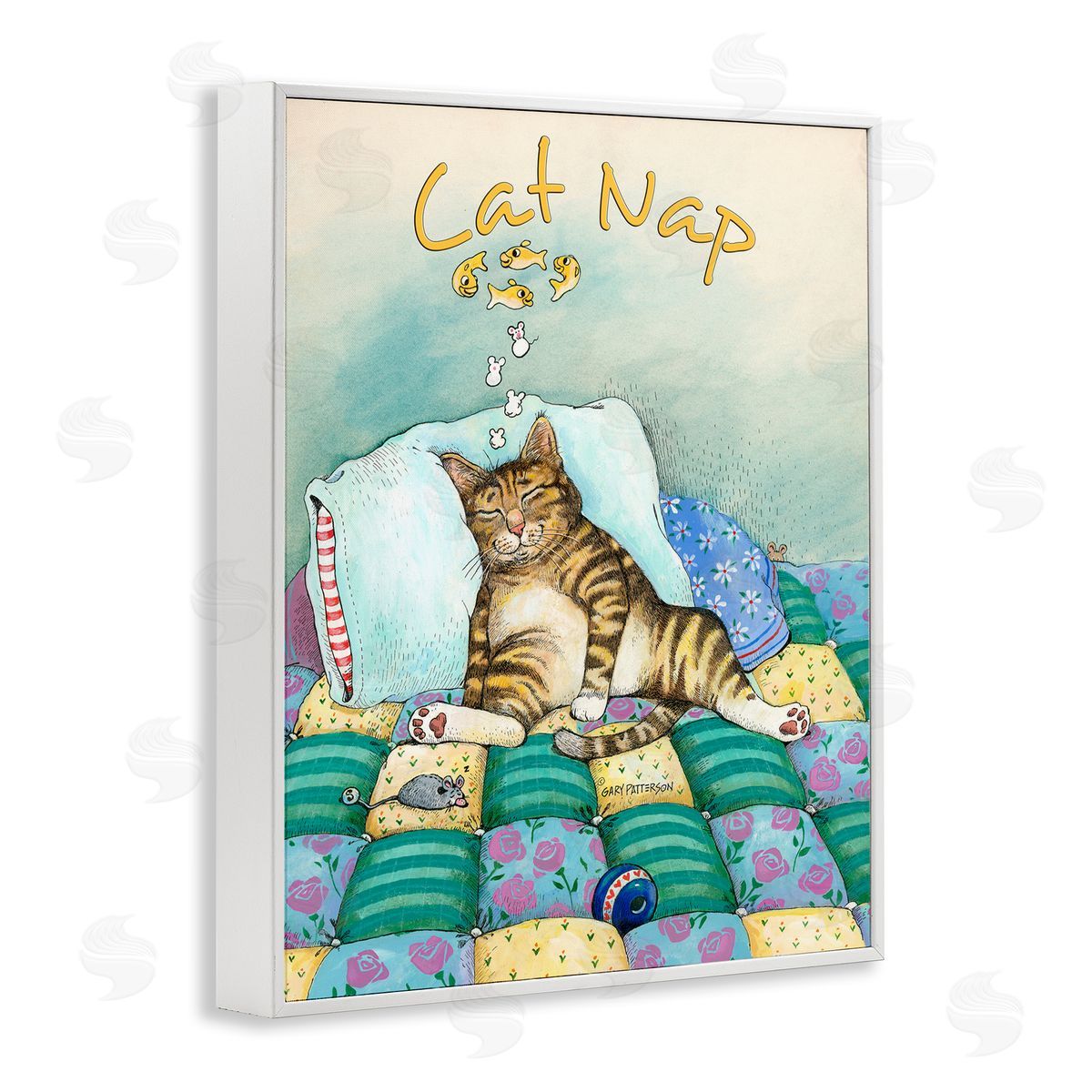 Cat Nap Funny Cat Pet White Frame Print Wall Art, Home Decor by Gary Patterson