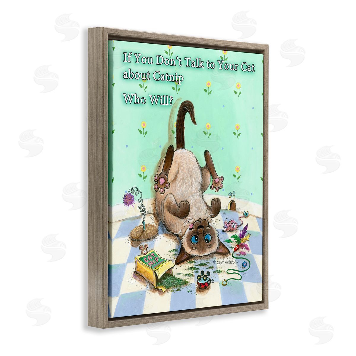 Catnip Funny Cat Pet Brown Floating Frame Canvas Wall Art, Home Decor by Gary Patterson