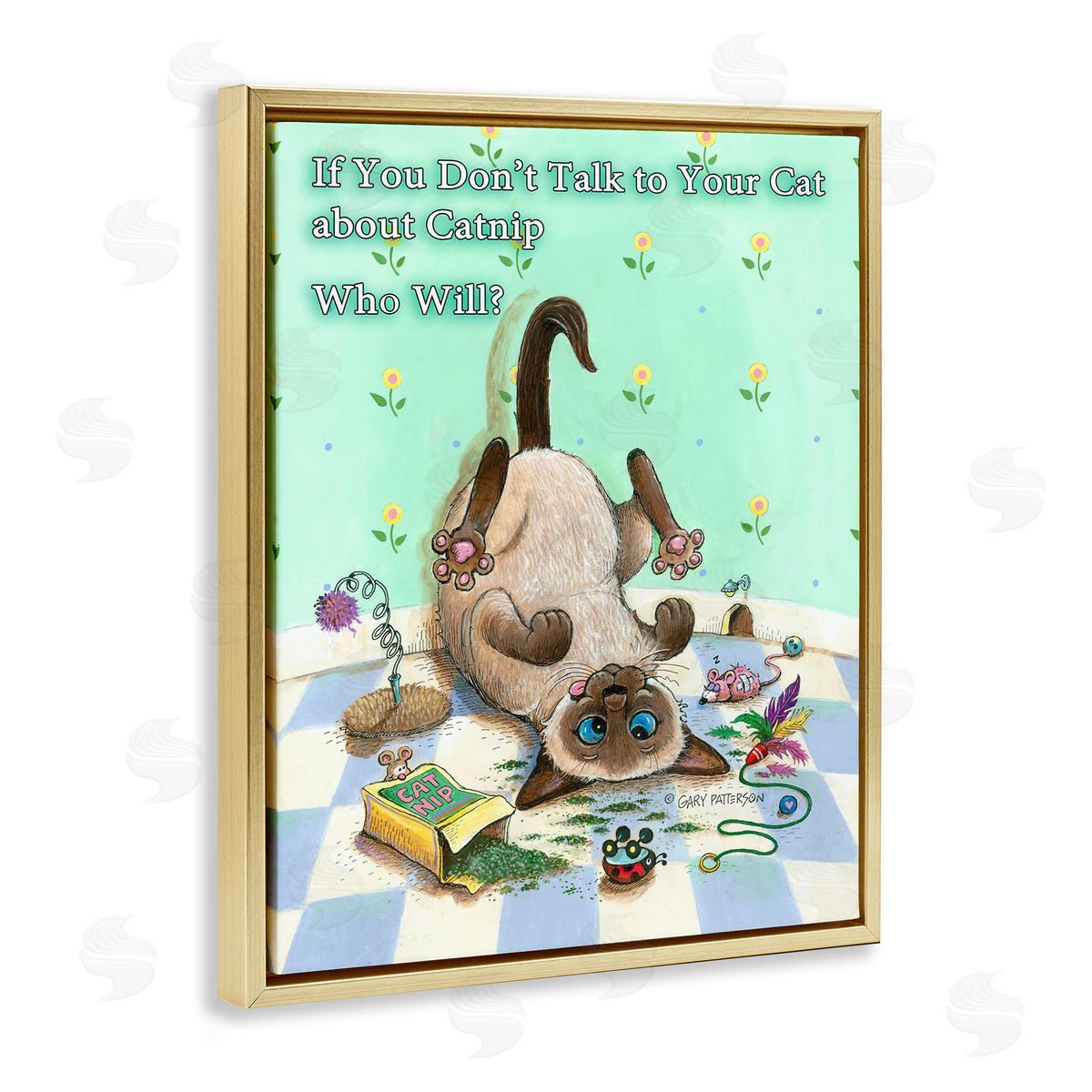 Catnip Funny Cat Pet Gold Floating Frame Canvas Wall Art, Home Decor by Gary Patterson