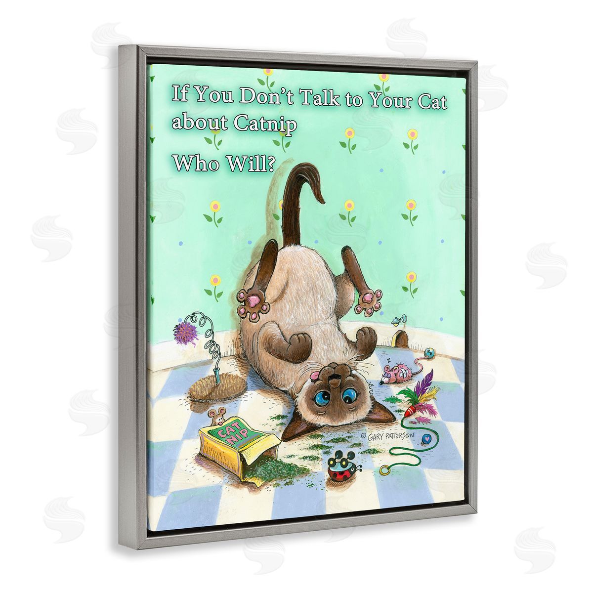 Catnip Funny Cat Pet Grey Floating Frame Canvas Wall Art, Home Decor by Gary Patterson