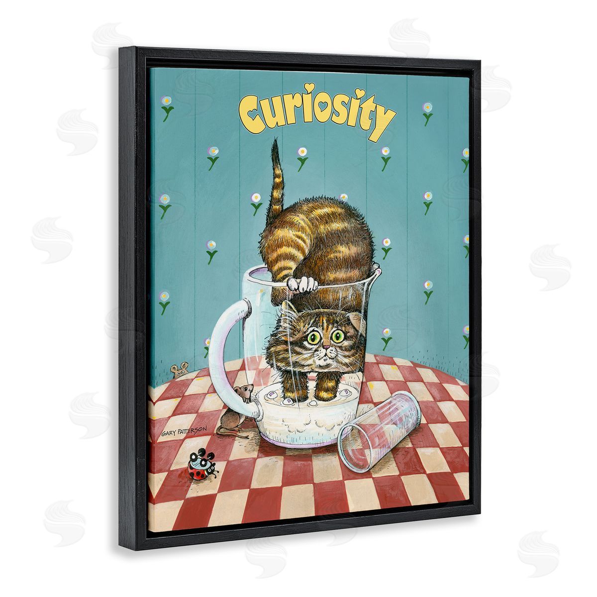 Curiosity Funny Cat Pet Black Floating Frame Canvas Wall Art, Home Decor by Gary Patterson