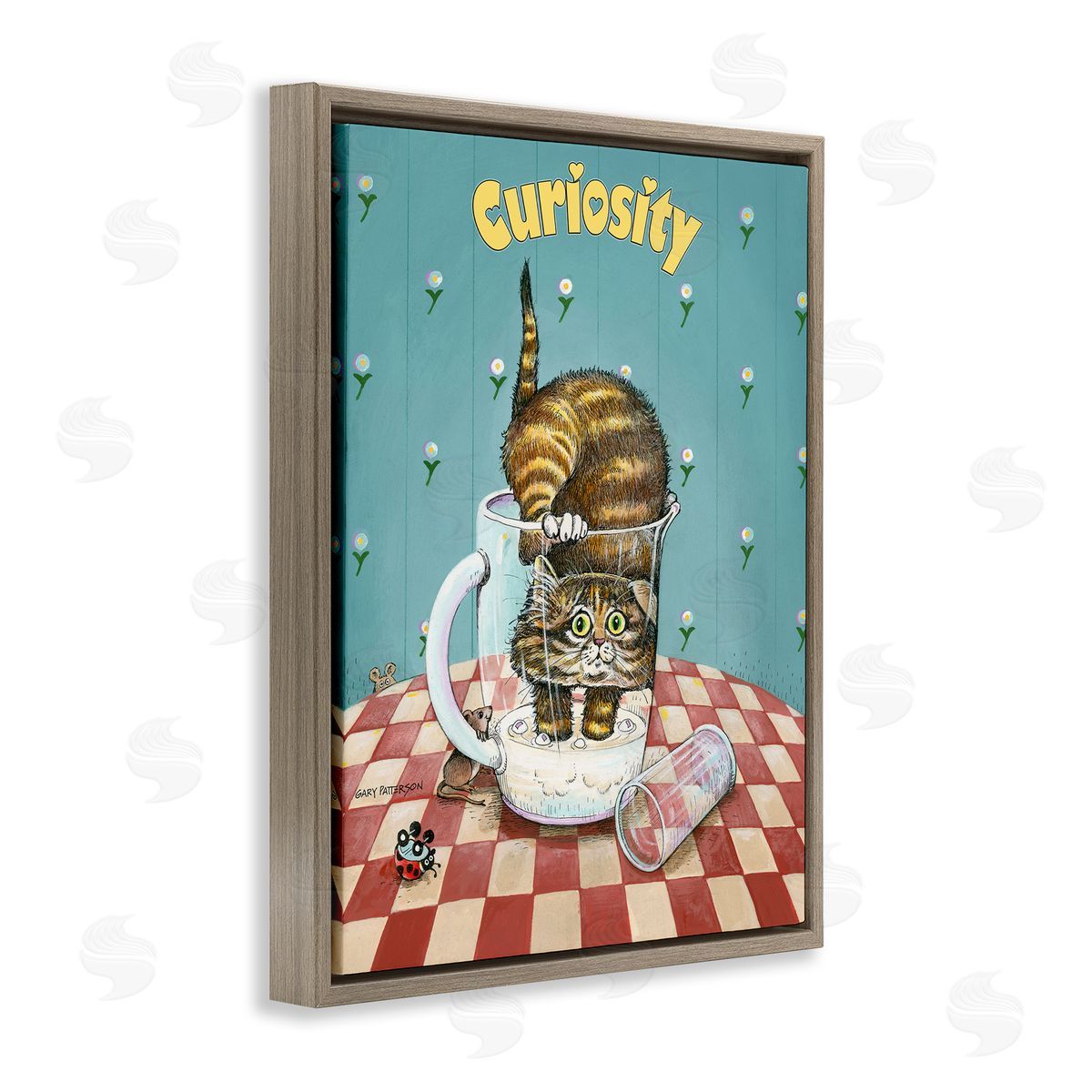 Curiosity Funny Cat Pet Brown Floating Frame Canvas Wall Art, Home Decor by Gary Patterson